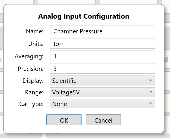Analog Input Configuration with Name, Units, Averaging, Precision, Display, Range, and Calibration Type