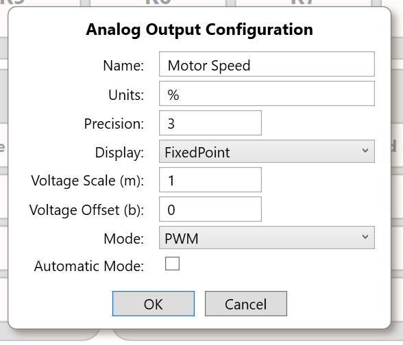 Analog Output Configuration with Name, Units, Precision, Display, Voltage Scale, Voltage Offset, Mode, and Automatic Mode