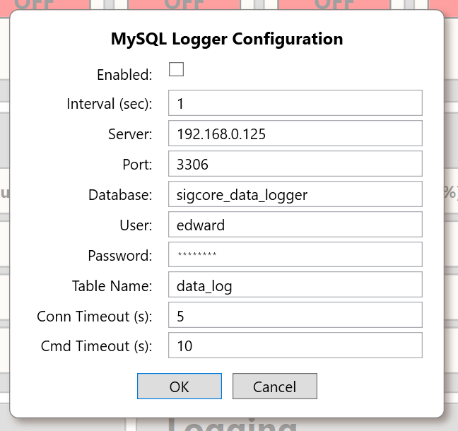 MySQL Logger Configuration with Enabled, Interval, Server, Port, Database, User, redacted Password, Table Name and timeouts