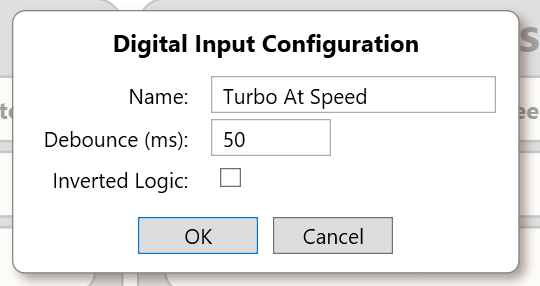 Digital Input Configuration with Name, Debounce in milliseconds, and Inverted Logic