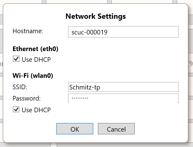 Network Settings dialog showing Hostname, Ethernet DHCP, Wi-Fi SSID, masked password, and Wi-Fi DHCP