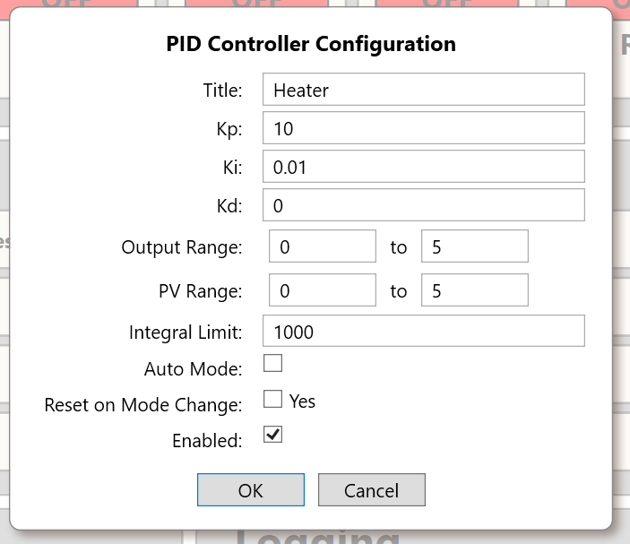 PID Controller Configuration with Title, Kp, Ki, Kd, output and process-value ranges, integral limit, Auto Mode, Reset on Mode Change, and Enabled