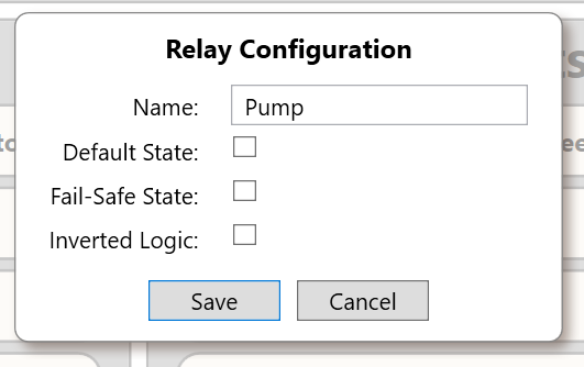 Relay Configuration with Name, Default State, Fail-Safe State, Inverted Logic, Save, and Cancel