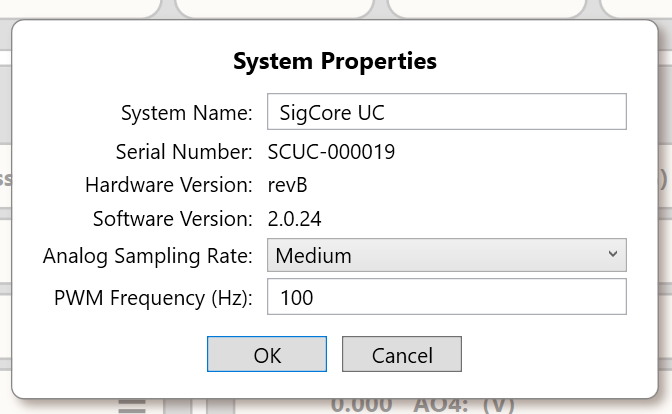 System Properties showing System Name, Serial Number, Hardware Version, Software Version, Analog Sampling Rate, and PWM Frequency
